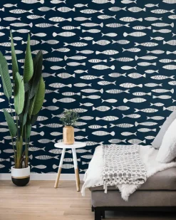 Seabrook Summer House Bay Fish Wallpaper - Deep Seas