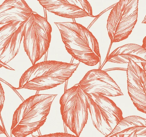 Seabrook Summer House Beckett Sketched Leaves Wallpaper - Rich Coral