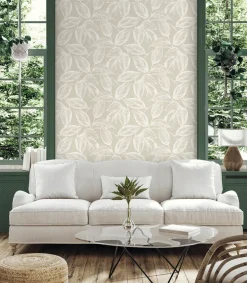 Seabrook Summer House Beckett Sketched Leaves Wallpaper - Oat
