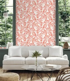 Seabrook Summer House Beckett Sketched Leaves Wallpaper - Rich Coral