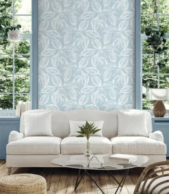 Seabrook Summer House Beckett Sketched Leaves Wallpaper - Baby Blue