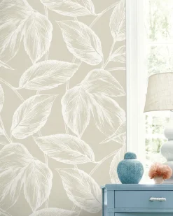 Seabrook Summer House Beckett Sketched Leaves Wallpaper - Oat