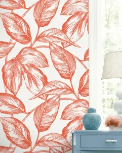 Seabrook Summer House Beckett Sketched Leaves Wallpaper - Rich Coral