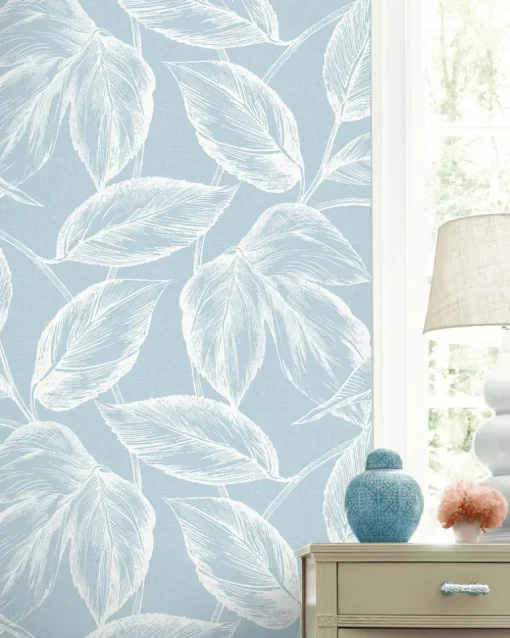 Seabrook Summer House Beckett Sketched Leaves Wallpaper - Baby Blue