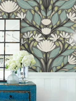 Seabrook Summer House Carmela Folk Floral Wallpaper - Spirit Grey