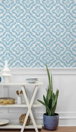 Seabrook Summer House Talia Botanical Medallion Wallpaper - Breezy Blue