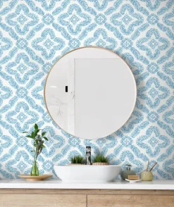 Seabrook Summer House Talia Botanical Medallion Wallpaper - Breezy Blue