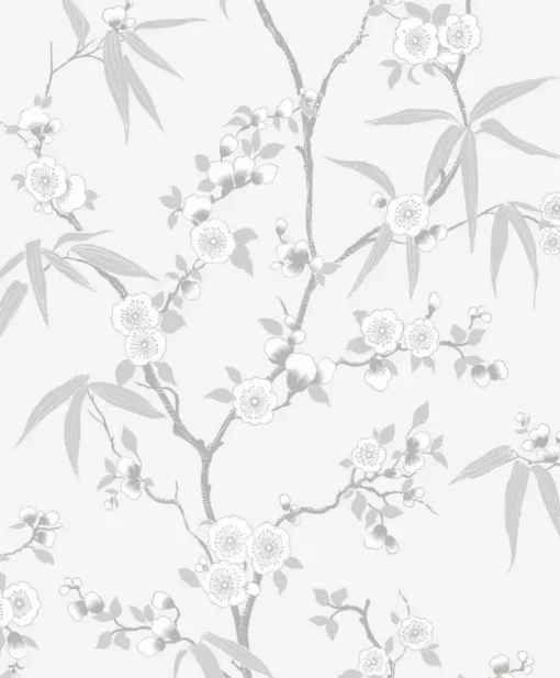 Seabrook White Heron Floral Blossom Trail Wallpaper - Soft Grey