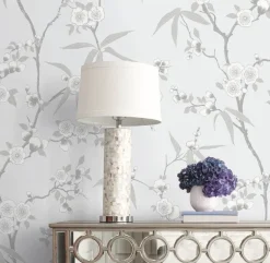 Seabrook White Heron Floral Blossom Trail Wallpaper - Soft Grey