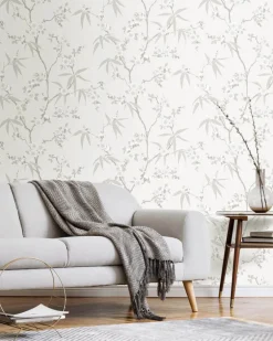 Seabrook White Heron Floral Blossom Trail Wallpaper - Soft Grey