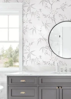 Seabrook White Heron Floral Blossom Trail Wallpaper - Soft Grey
