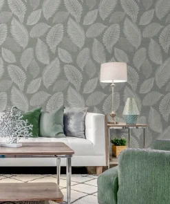 Seabrook White Heron Tossed Leaves Wallpaper - Charcoal Linen