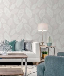 Seabrook White Heron Tossed Leaves Wallpaper - Cool Linen