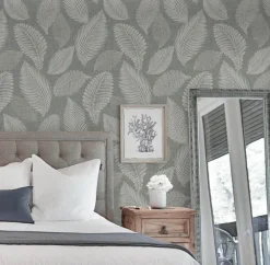 Seabrook White Heron Tossed Leaves Wallpaper - Charcoal Linen