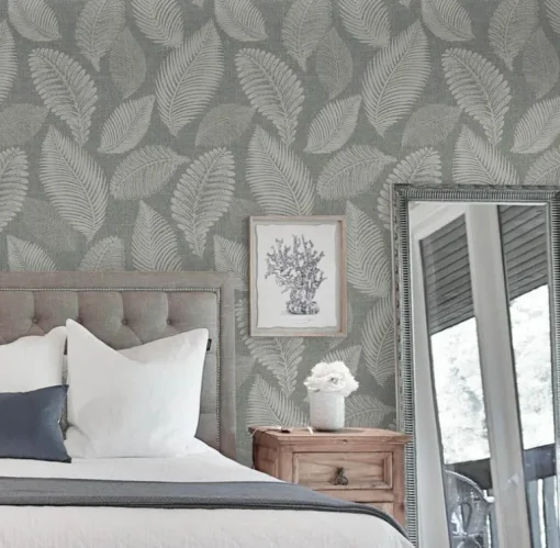 Seabrook White Heron Tossed Leaves Wallpaper - Charcoal Linen