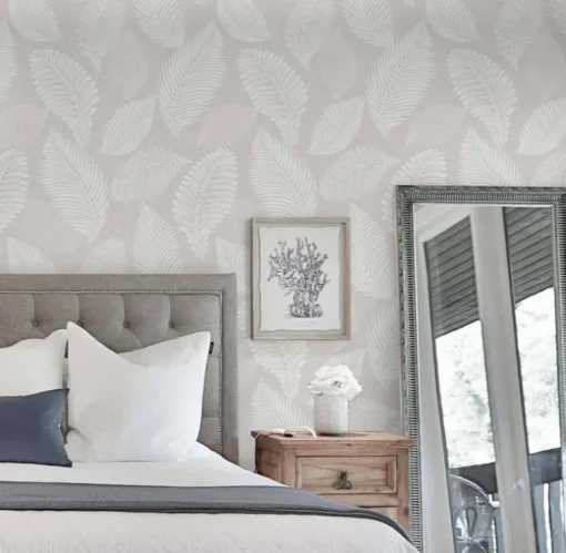 Seabrook White Heron Tossed Leaves Wallpaper - Cool Linen