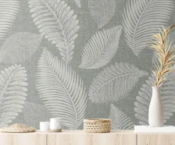 Seabrook White Heron Tossed Leaves Wallpaper - Charcoal Linen