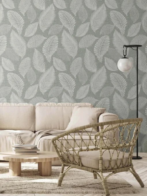 Seabrook White Heron Tossed Leaves Wallpaper - Charcoal Linen