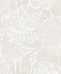 Seabrook White Heron Water Lilies Wallpaper - Antique Pearl