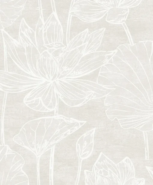 Seabrook White Heron Water Lilies Wallpaper - Antique Pearl
