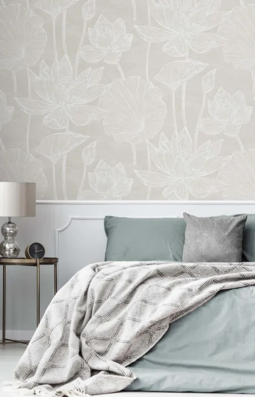 Seabrook White Heron Water Lilies Wallpaper - Antique Pearl