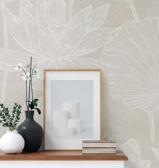 Seabrook White Heron Water Lilies Wallpaper - Antique Pearl