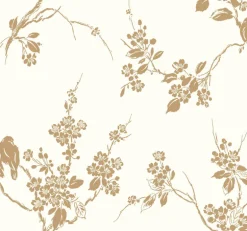 Silhouettes Imperial Blossoms Branch Wallpaper - Metallic Gold & White