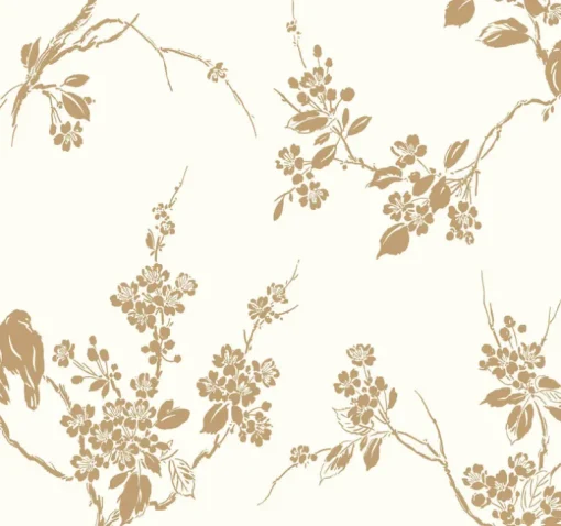 Silhouettes Imperial Blossoms Branch Wallpaper - Metallic Gold & White