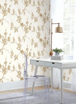Silhouettes Imperial Blossoms Branch Wallpaper - Metallic Gold & White