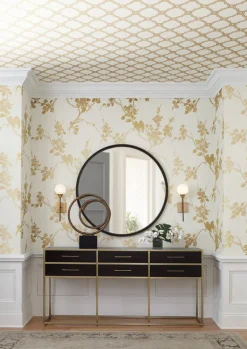 Silhouettes Imperial Blossoms Branch Wallpaper - Metallic Gold & White
