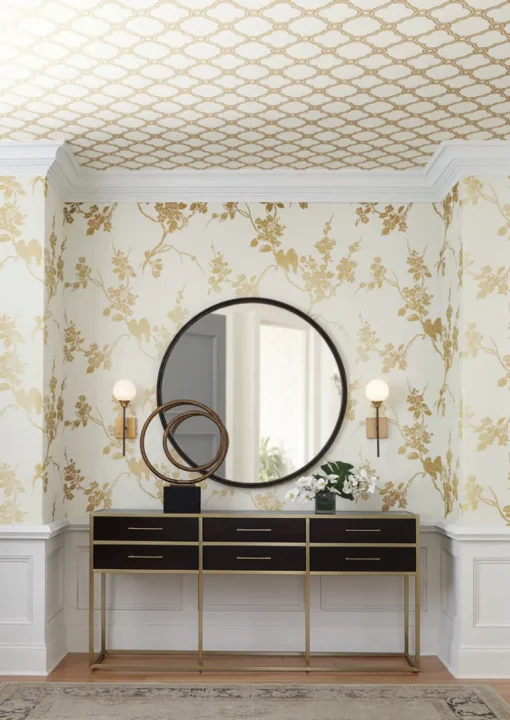 Silhouettes Imperial Blossoms Branch Wallpaper - Metallic Gold & White