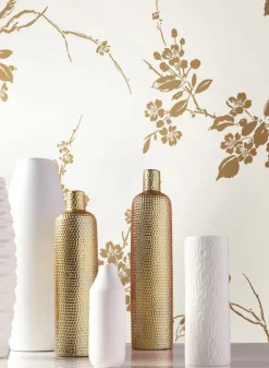 Silhouettes Imperial Blossoms Branch Wallpaper - Metallic Gold & White