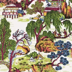 Thibaut Dynasty Asian Scenic Wallpaper - Coral & Green