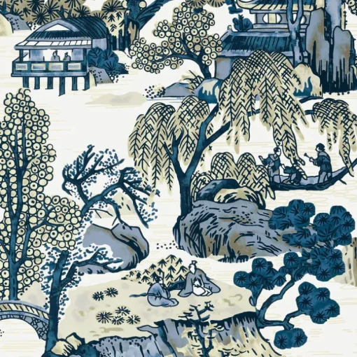 Thibaut Dynasty Asian Scenic Wallpaper - Blue & Beige