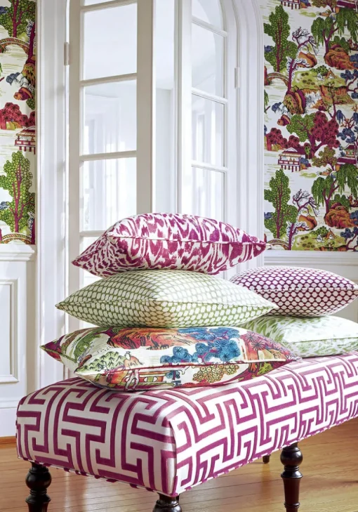 Thibaut Dynasty Asian Scenic Wallpaper - Coral & Green