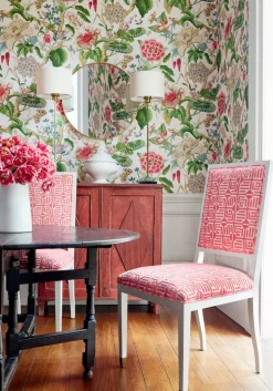Thibaut Grand Palace Hill Garden Wallpaper - Coral & Green