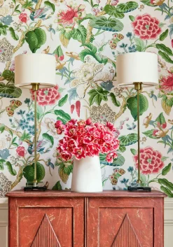 Thibaut Grand Palace Hill Garden Wallpaper - Coral & Green