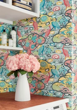 Thibaut Pavilion Heron Stream Wallpaper - Coral & Aqua