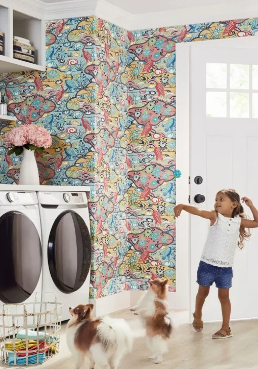 Thibaut Pavilion Heron Stream Wallpaper - Coral & Aqua