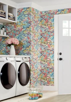 Thibaut Pavilion Heron Stream Wallpaper - Coral & Aqua