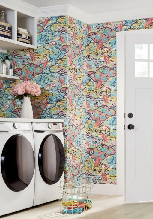 Thibaut Pavilion Heron Stream Wallpaper - Coral & Aqua