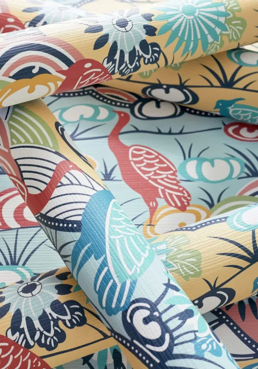Thibaut Pavilion Heron Stream Wallpaper - Coral & Aqua