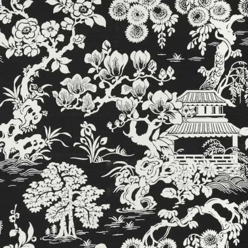 Thibaut Pavilion Japanese Garden Wallpaper - Black