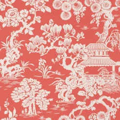 Thibaut Pavilion Japanese Garden Wallpaper - Coral