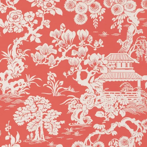 Thibaut Pavilion Japanese Garden Wallpaper - Coral