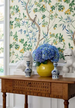 Thibaut Sojourn Claire Wallpaper - Yellow & Navy