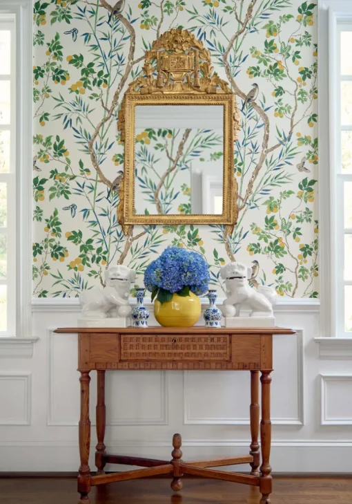 Thibaut Sojourn Claire Wallpaper - Yellow & Navy