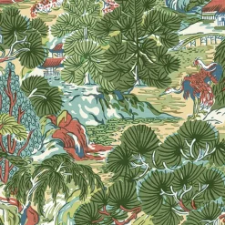Thibaut Sojourn Pagoda Trees Wallpaper - Coral & Green