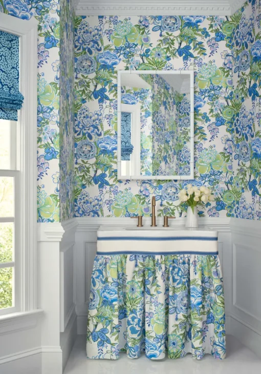 Thibaut Sojourn Peony Garden Wallpaper - Blue & Green
