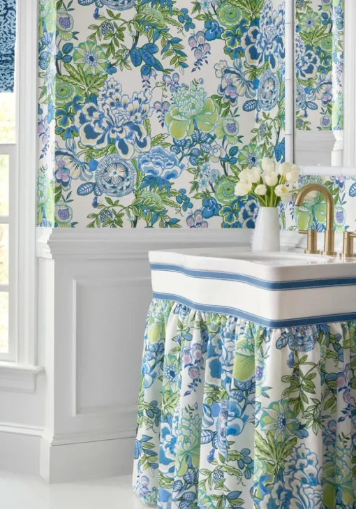 Thibaut Sojourn Peony Garden Wallpaper - Blue & Green